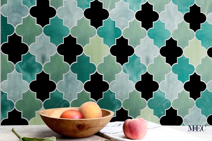 CHAIMA. Product image showing Jade Glass waterjet cut tiles from Marrakesh collection. Custom TRELLIS Arabesque Moroccan tile design from MEC.