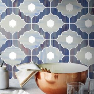 ALEAH. Product image showing Jade Glass waterjet cut tiles from Marrakesh collection. Custom TRELLIS tile design from MEC.