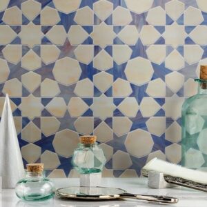 LAYLA. Product image showing Jade Glass waterjet cut tiles from Marrakesh collection. Custom geometric Arabesque Moroccan star tile design from MEC.