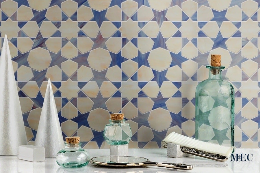 LAYLA. Product image showing Jade Glass waterjet cut tiles from Marrakesh collection. Custom geometric Arabesque Moroccan star tile design from MEC.