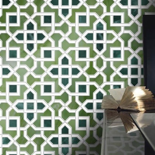 BUCHRA. Product image showing Jade Glass waterjet cut tiles from Marrakesh collection. Custom geomtric Arabesque Moroccan green glass tile design from MEC.