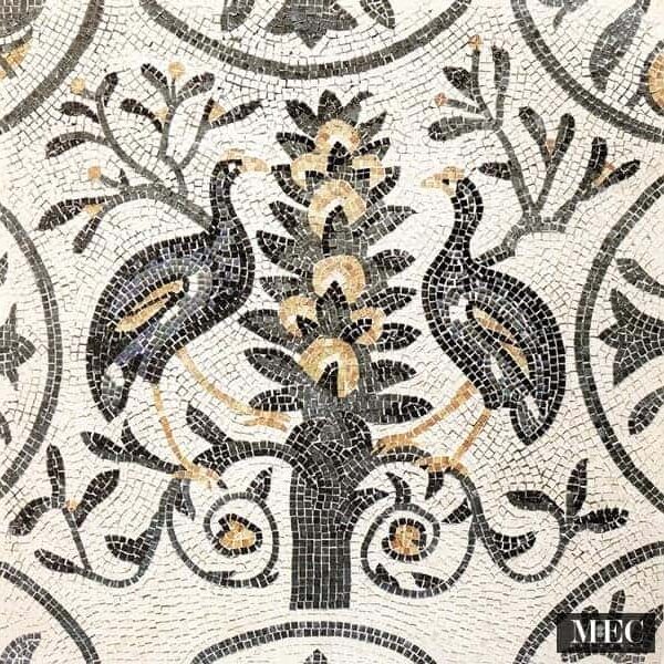 Custom Mosaics by MEC | Marble mosaic motif features plants and two birds.