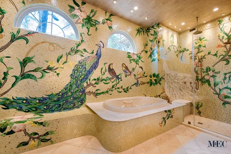 Custom Bathroom Wall Mural Peacock Mosaic Art by MEC. It features fruiting and blossoming tree branches and exotic birds.