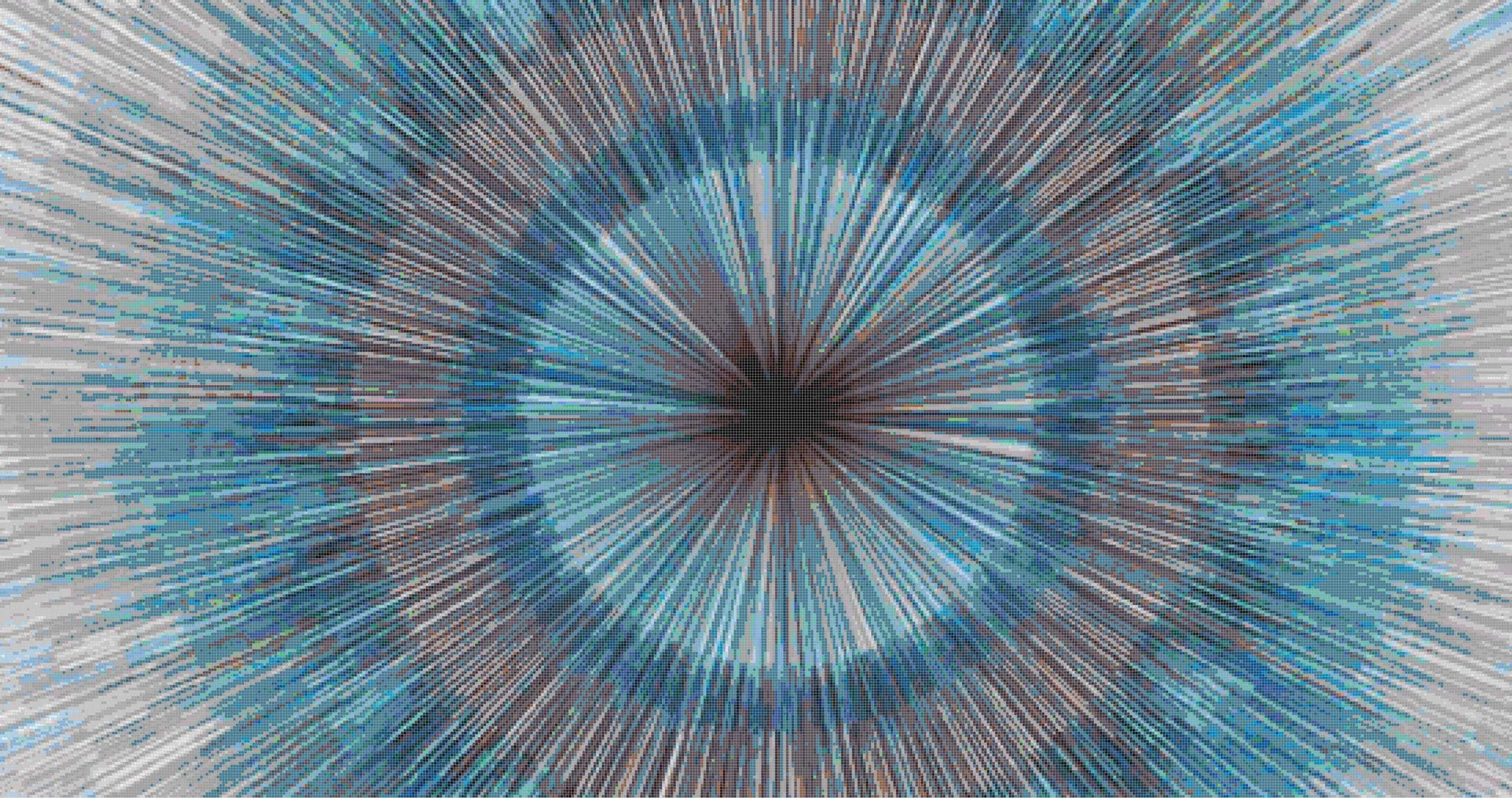 Product Image. Kosmil PIXL abstract Vertex Glass mosaic made using AddTek system. Custom made glass mosaic tile designs. This radiating blue and gray mosaic design with a circle and light ring is reminiscent of cosmic explosions and light bursts.