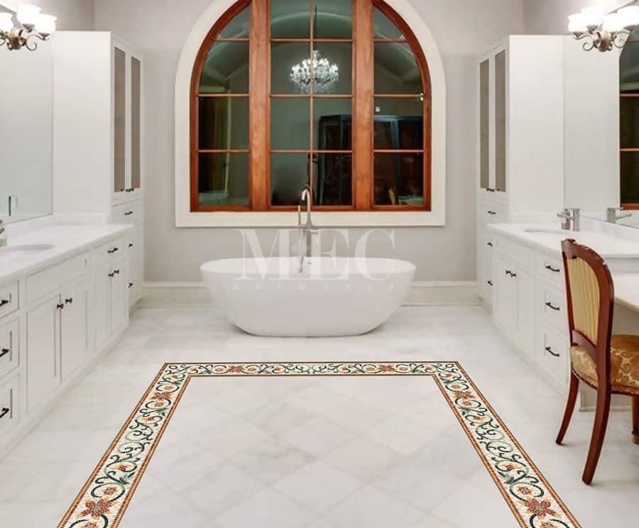 Vite marble mosaic border installed on a bathroom floor