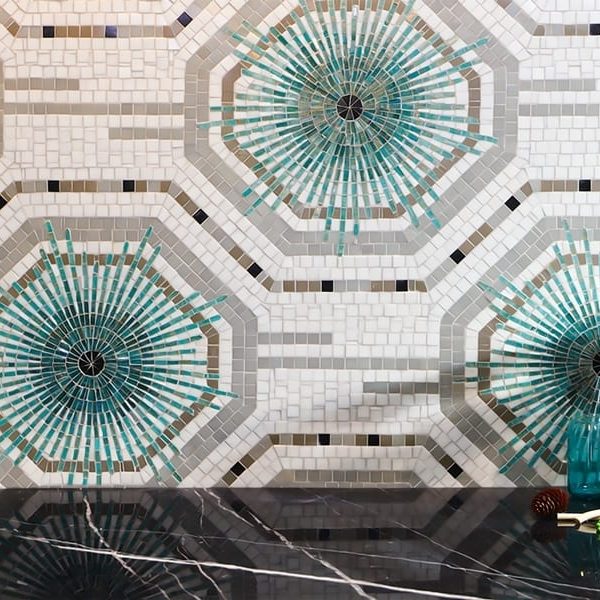 Oktagon Lumin glass mosaic pattern installed on a wall