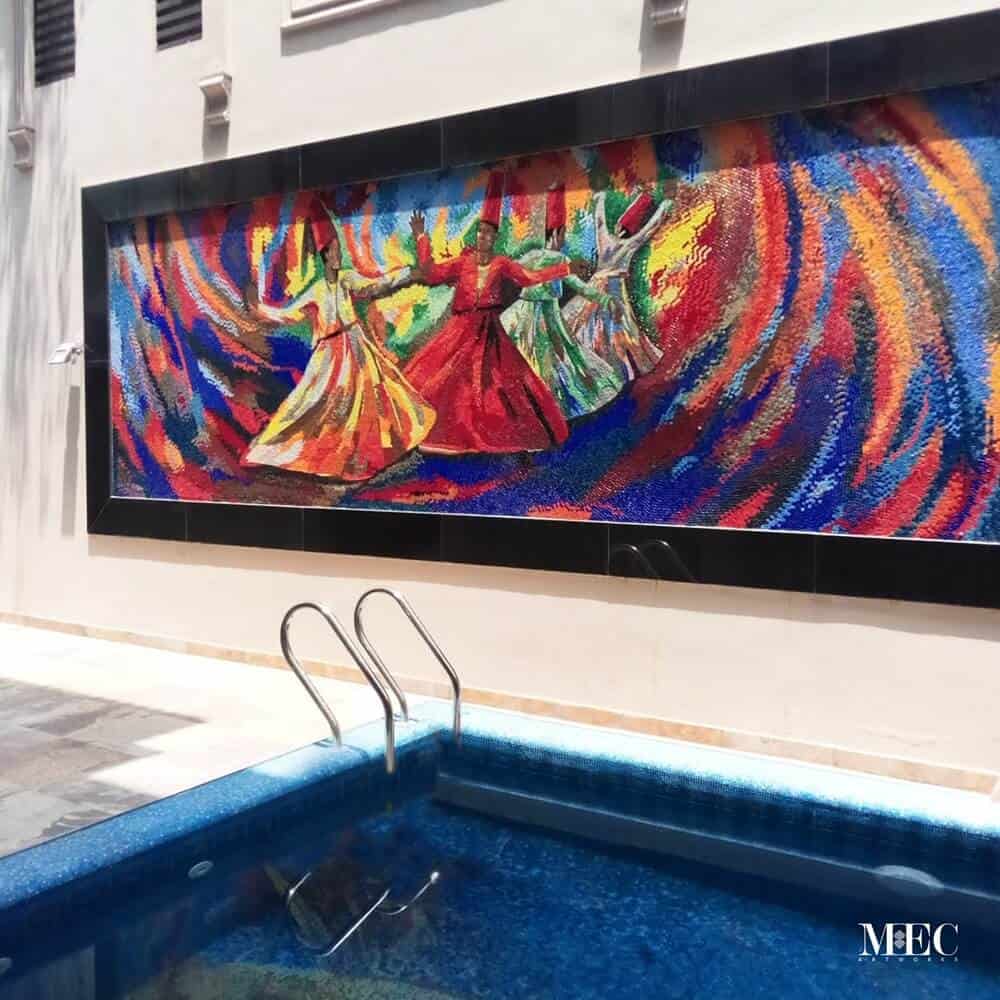 Whirling Dervish handcut MUrano glass mosaic mural colorful