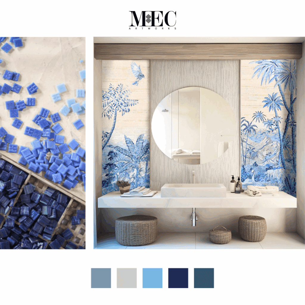 blue palm trees mosaic art installation by MEC Artworks