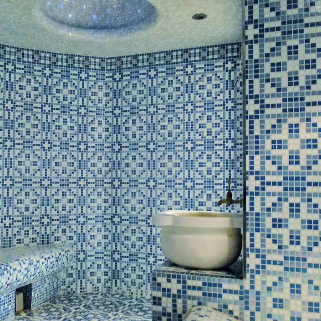 blue custom glass mosaic tile bathroom and shower