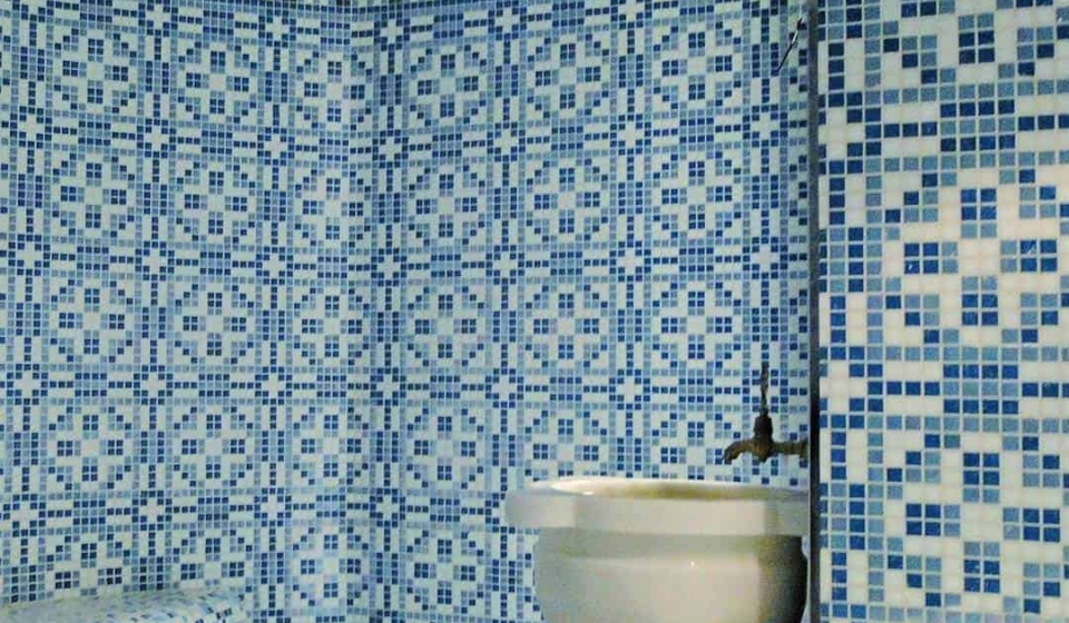 blue custom glass mosaic tile bathroom and shower