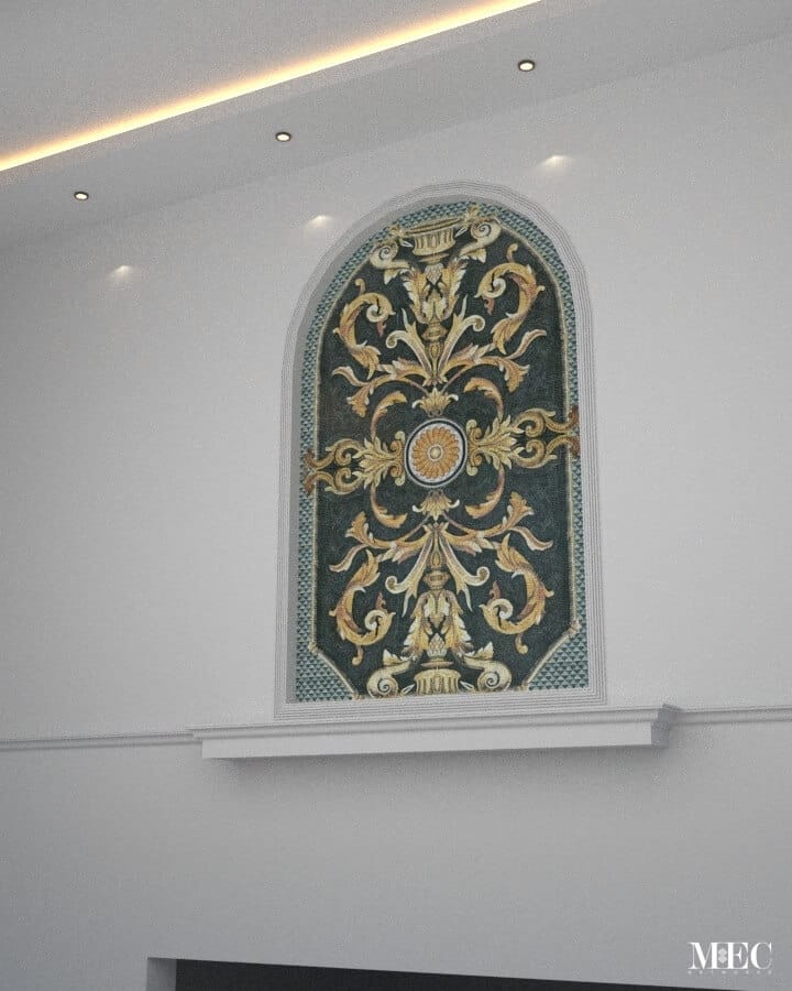 Niche wall mosaic render featuring marble mosaic tiles