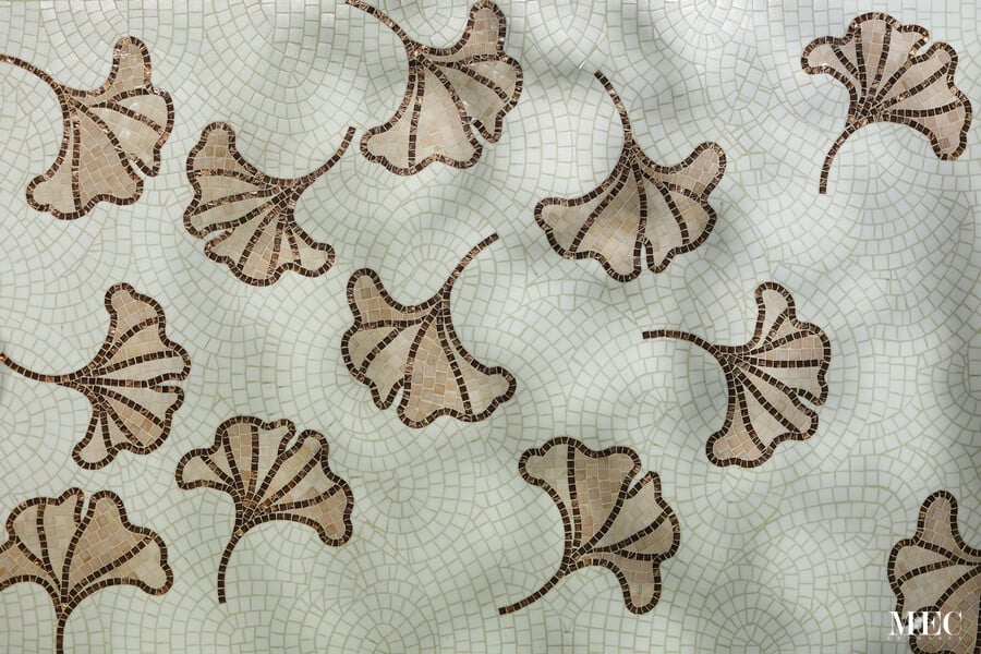 Ginko handmade glass mosaic pattern from Decoratifs catalog by MEC inspired by Art Nouveau and Gingko leaves