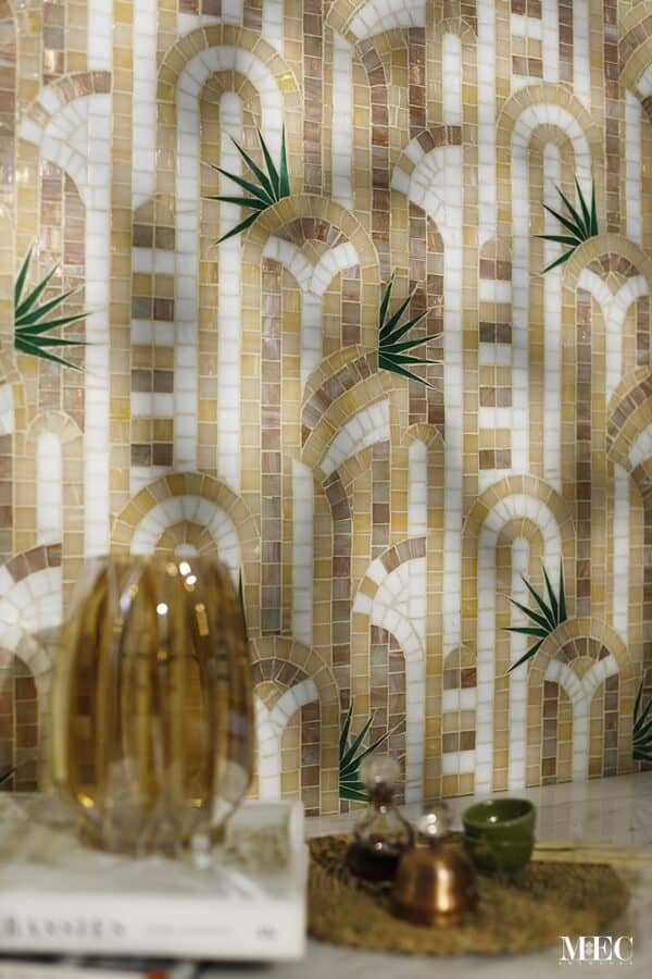 Lisse brown and beige handmade glass mosaic pattern from Decoratifs catalog by MEC inspired by Art Deco and Memphis style