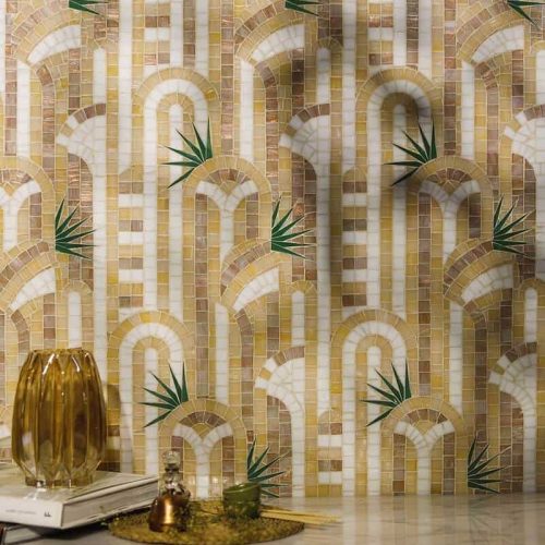 Lisse brown and beige handmade glass mosaic pattern from Decoratifs catalog by MEC inspired by Art Deco and Memphis style