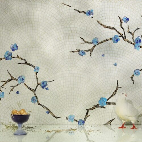 Oksa branches blue blossoms and white handmade glass mosaic pattern from Decoratifs catalog by MEC inspired by Art Deco and Chinoiserie