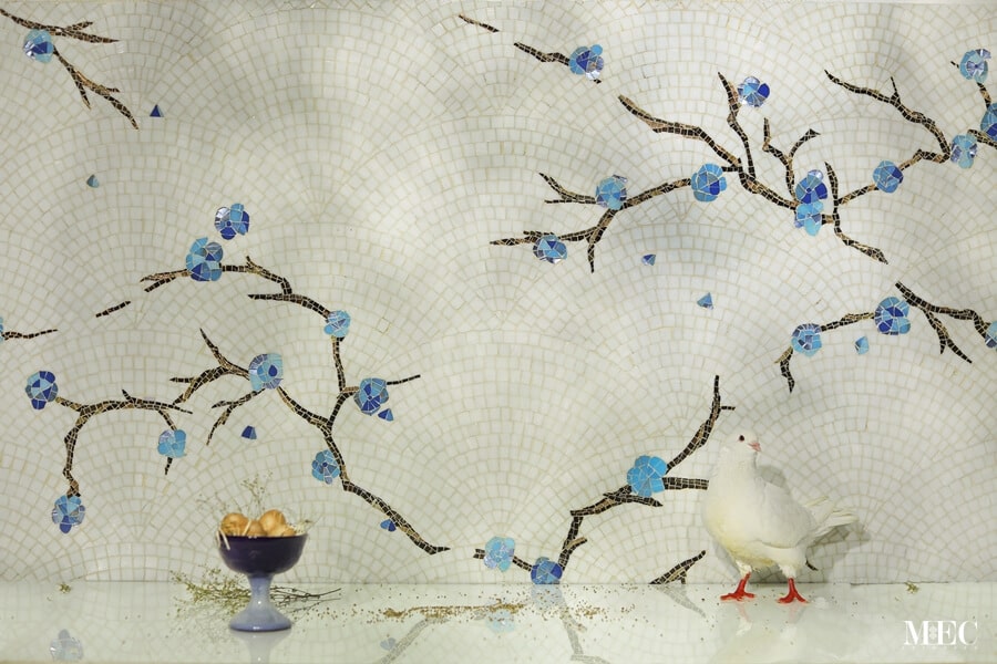 Oksa branches blue blossoms and white handmade glass mosaic pattern from Decoratifs catalog by MEC inspired by Art Deco and Chinoiserie