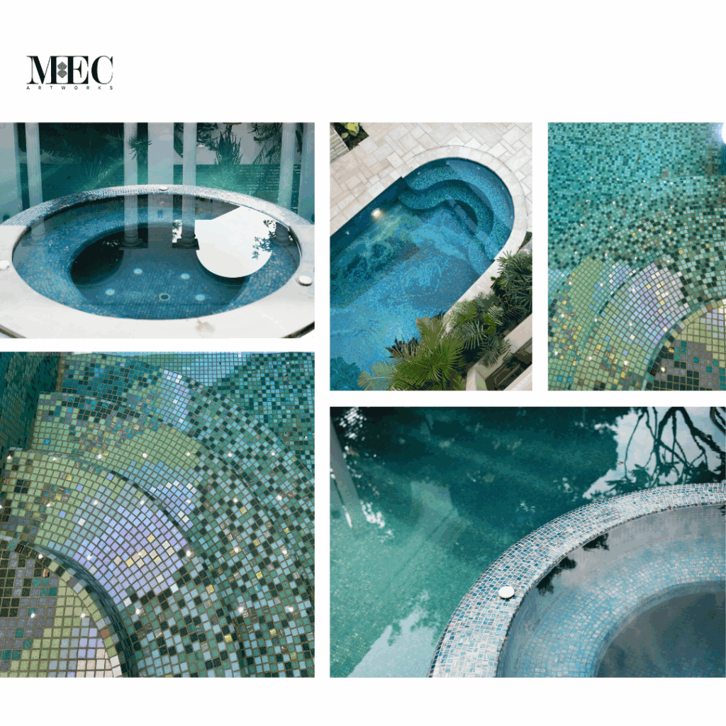 curved mosaic pool iridescent tiles blue and green mec artworks