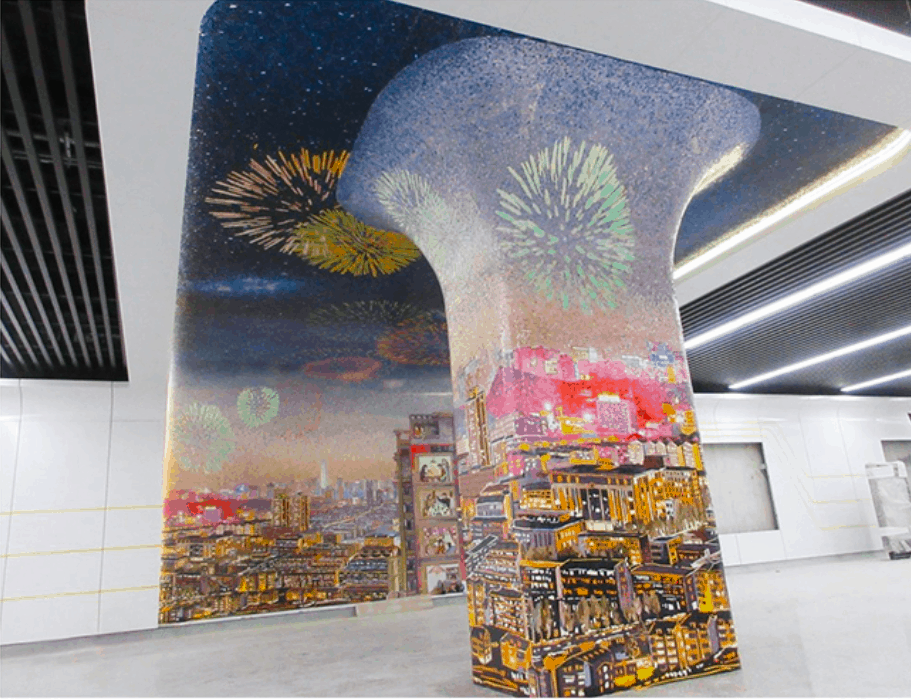 3D mosaic column cityscape mosaic tile fireworks skyscape