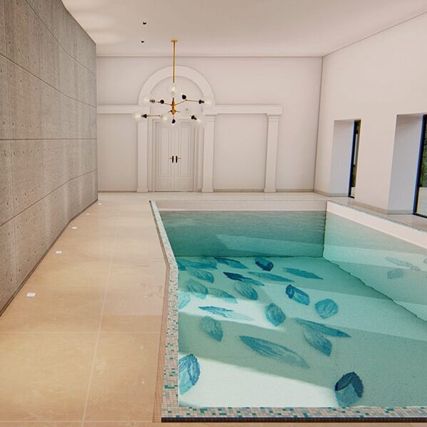 Brisa Aqua Vertex PIXL glass tile swimming pool mosaic by MEC 3D render
