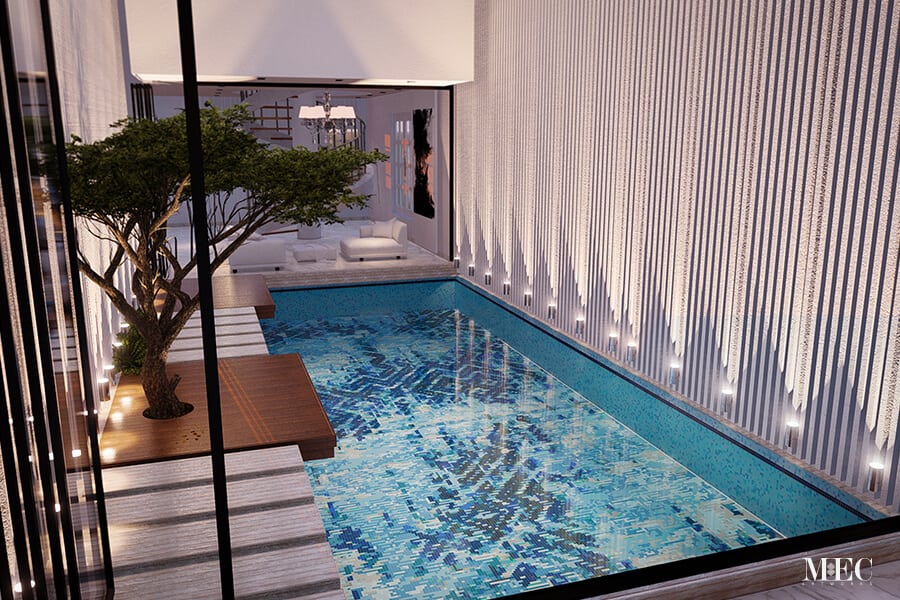 Ensorcell Aqua Vertex PIXL glass tile swimming pool mosaic by MEC 3D render