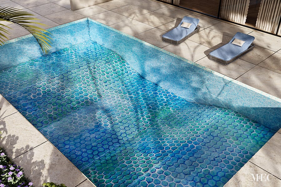 Immix Aqua Vertex PIXL glass tile swimming pool mosaic by MEC 3D render