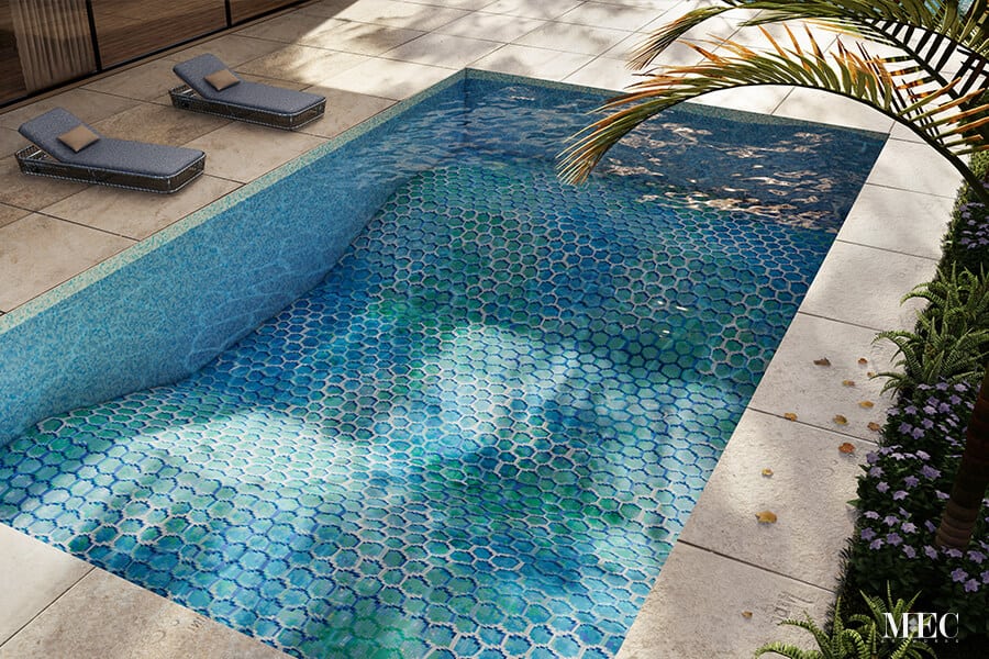 Immix Aqua 3D render Vertex PIXL glass tile swimming pool mosaic design by MEC