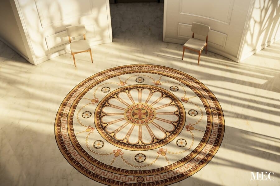 Kamile Lacuna Baroque style-handcrafted-marble mosaic rug medallion design by MEC 3D render