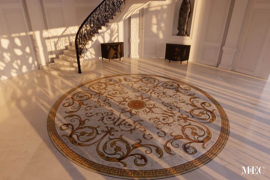 Lumille Lacuna Baroque style-handcrafted-marble mosaic rug medallion design by MEC 3D render
