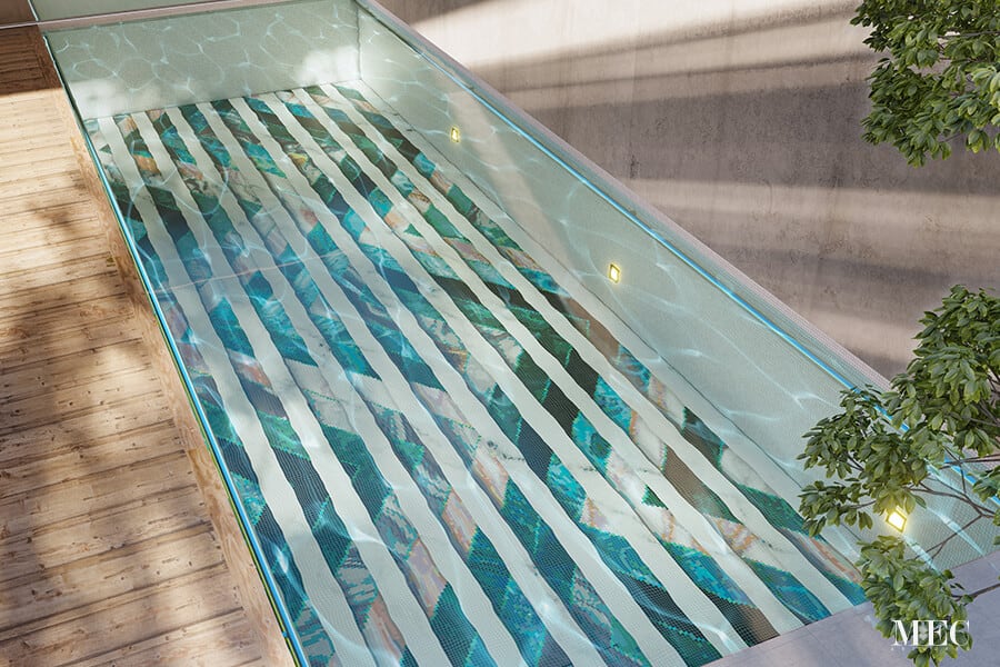 Marmo Aqua Vertex PIXL glass tile swimming pool mosaic by MEC 3D render