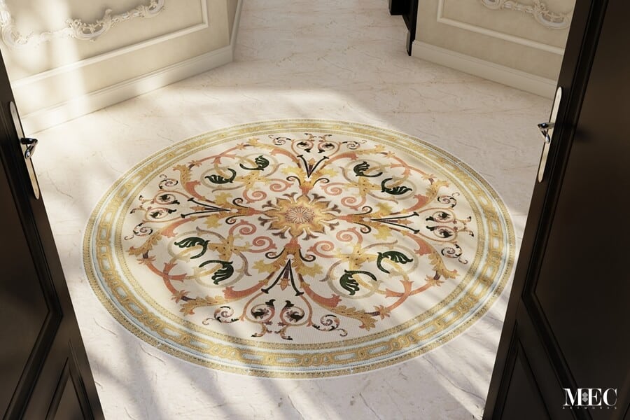 Tavas Lacuna Baroque style-handcrafted-marble mosaic rug medallion design by MEC 3D render