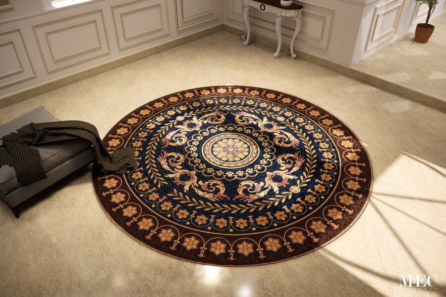 Vaden Lacuna Baroque style-handcrafted-marble mosaic rug medallion design by MEC 3D render