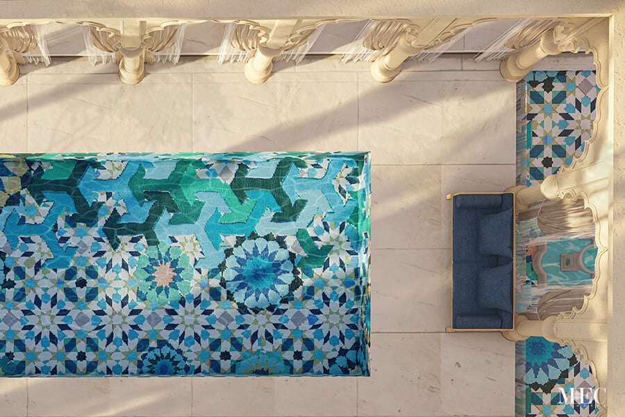 Zellij Aqua Vertex PIXL modern style glass swimming pool mosaic tile by MEC with 3D render