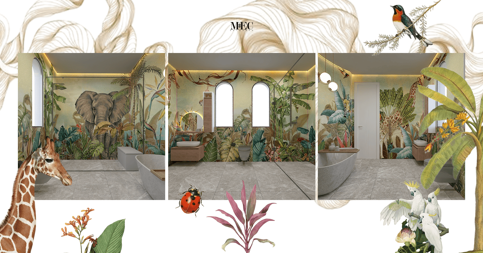 Luxurious bathroom with jungle-themed mosaic mural featuring animals and plants.