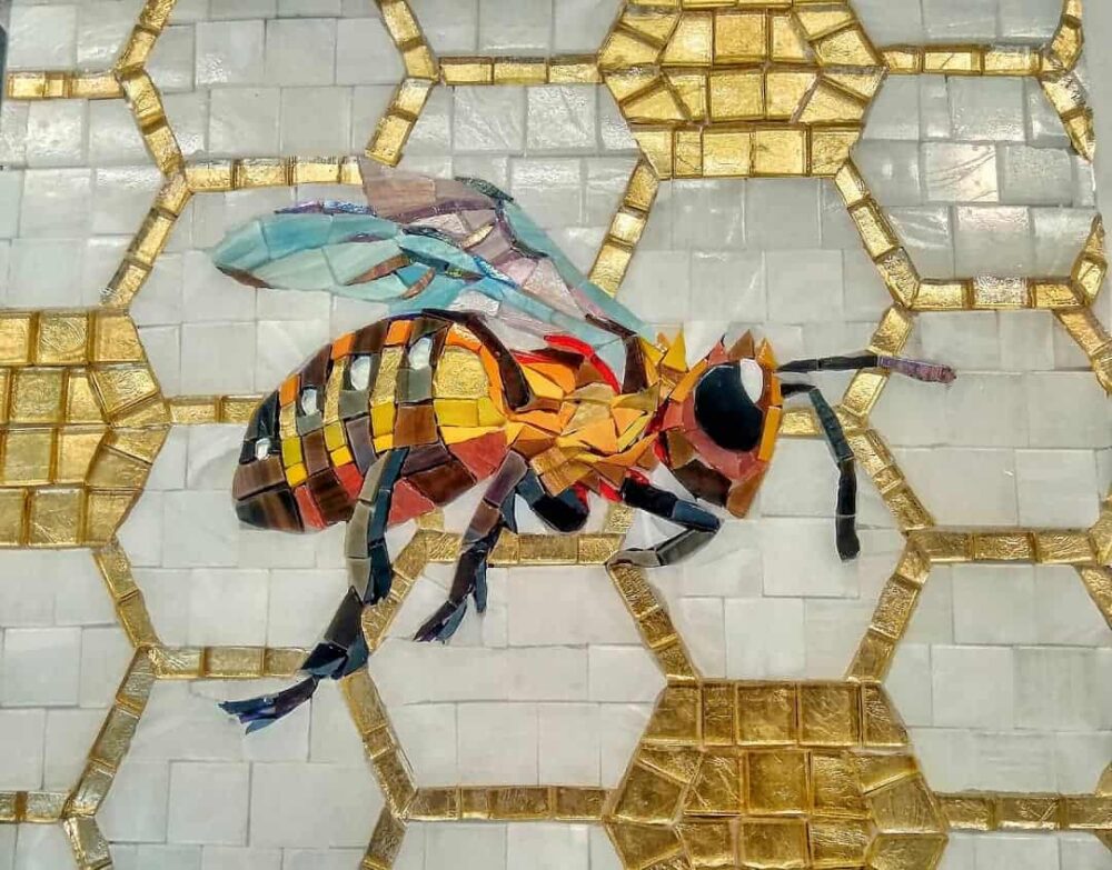 glass mosaic animal kingdom honey bee mosaic and Oro gold comb beehive hexagon mosaic