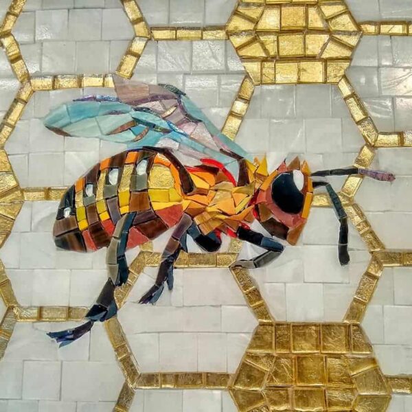 glass mosaic animal kingdom honey bee mosaic and Oro gold comb beehive hexagon mosaic