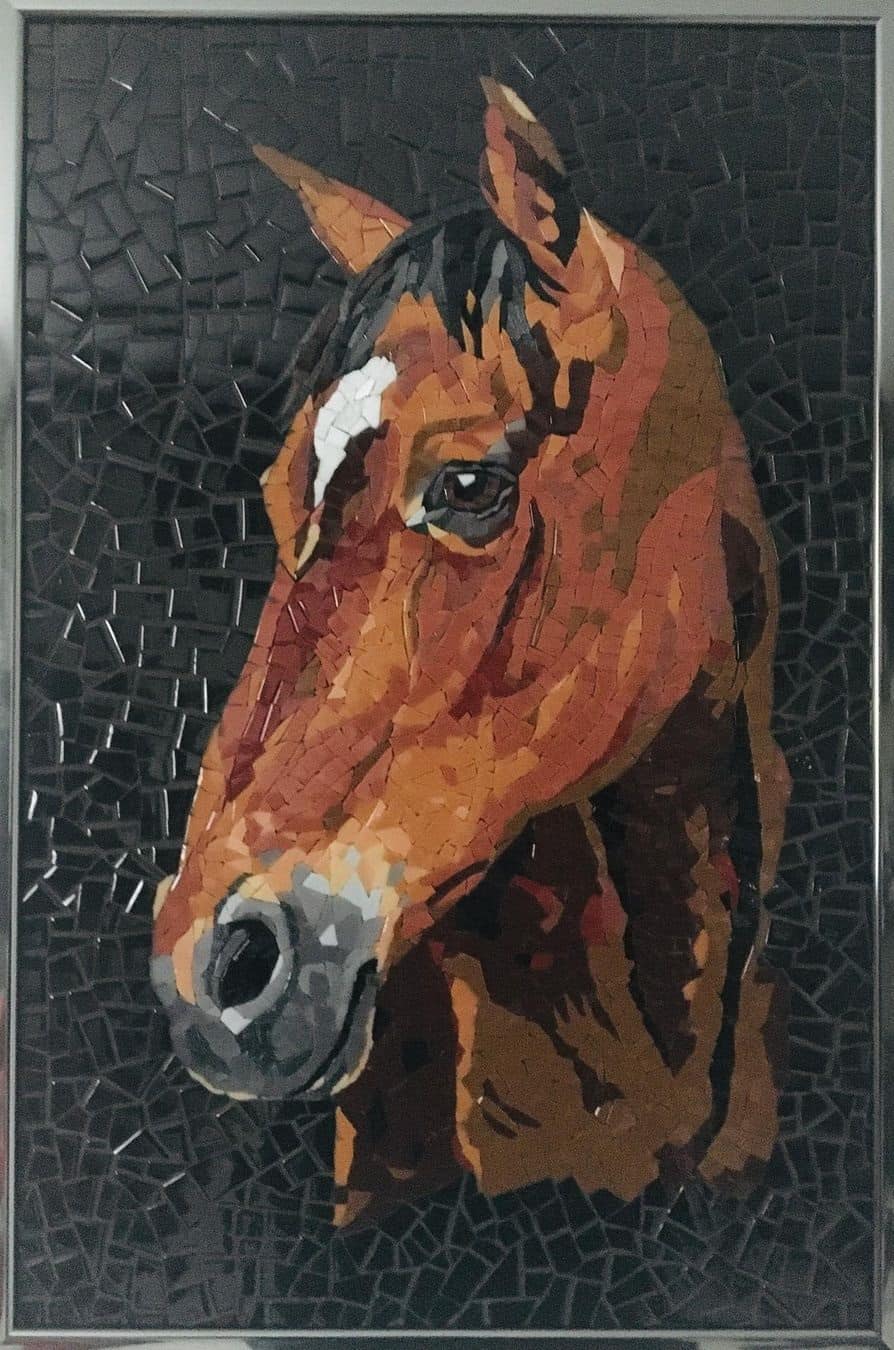 Handcrafted glass mosaic brown horse portrait with black grout