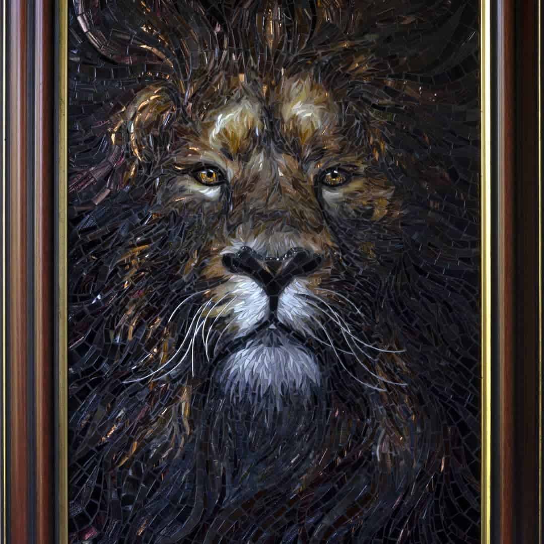 glass mosaic animals lion portrait dark background dramatic lighting