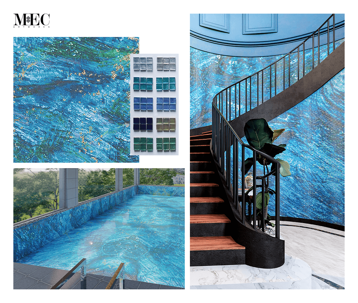 abstract wave mosaic tile art collage palette renders pool staircase wall