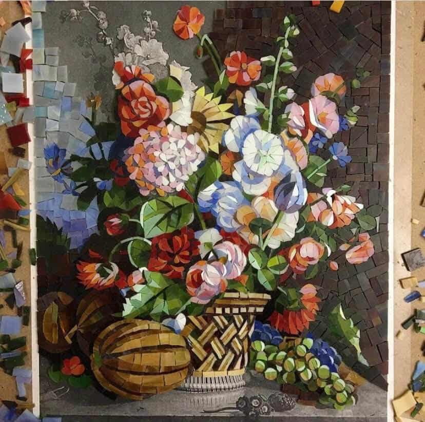 Flower mosaic tile art made with colorful hand-cut glass pieces
