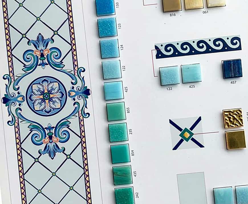 vertex oro glass mosaic swimming pool moodboard color card