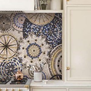 Decorative handcrafted mosaic tile backsplash art featuring intricate assorted rounds patterns