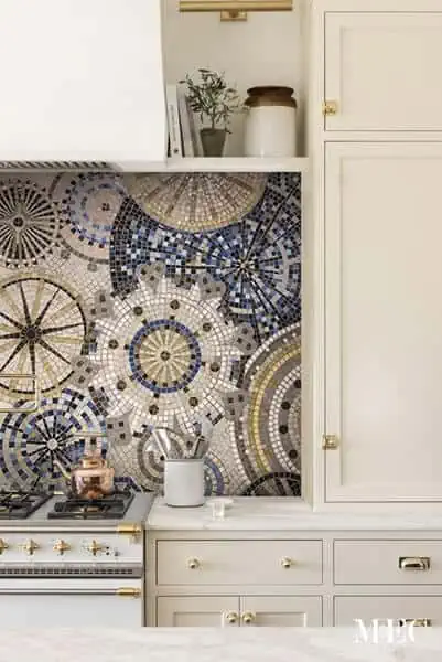 Decorative handcrafted mosaic tile backsplash art featuring intricate assorted rounds patterns