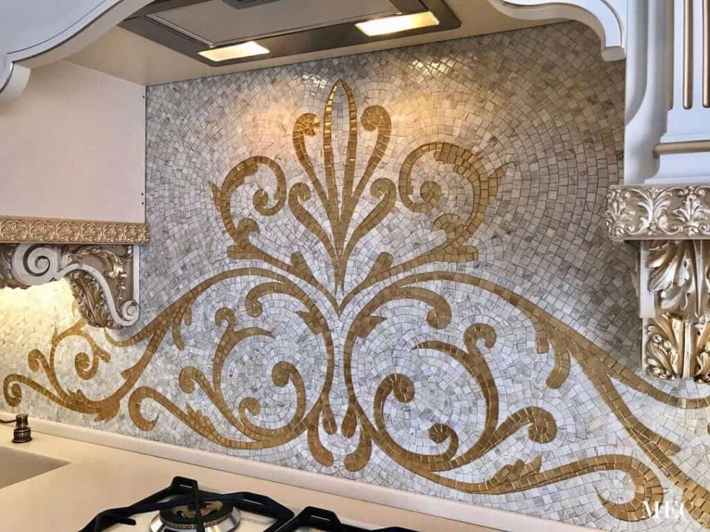 Gold white and gray stove top kitchen mosaic backsplash custom