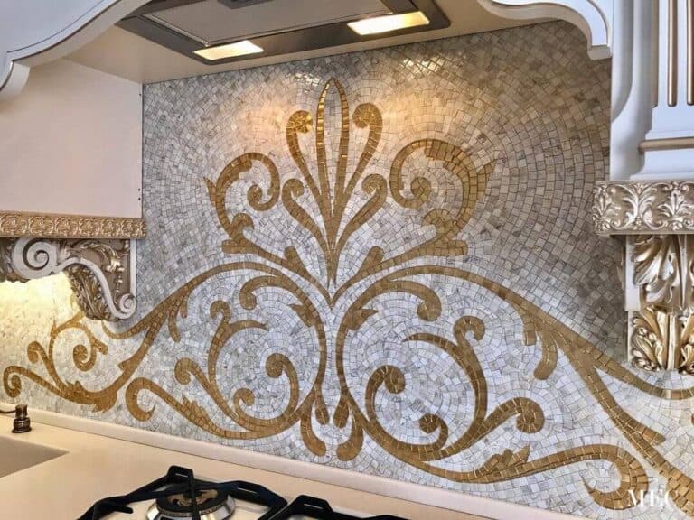Gold White And Gray Stove Top Kitchen Mosaic Backsplash Custom 768x576 