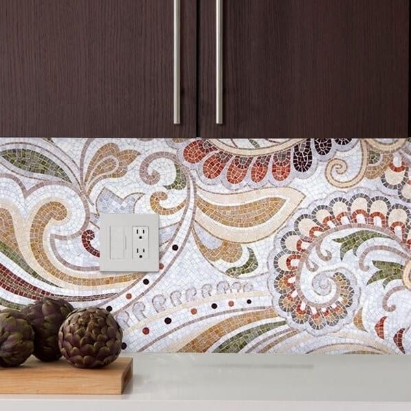 Decorative handcrafted mosaic tile backsplash art featuring eastern ornamental pattern with pasileys