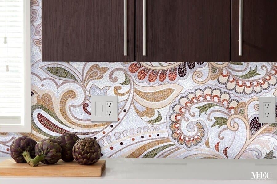 Decorative handcrafted mosaic tile backsplash art featuring eastern ornamental pattern with pasileys