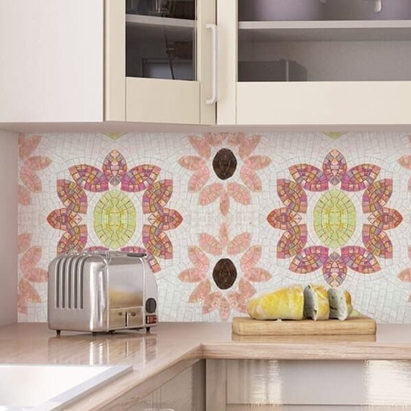 Decorative handcrafted mosaic tile backsplash art featuring large floral motifs