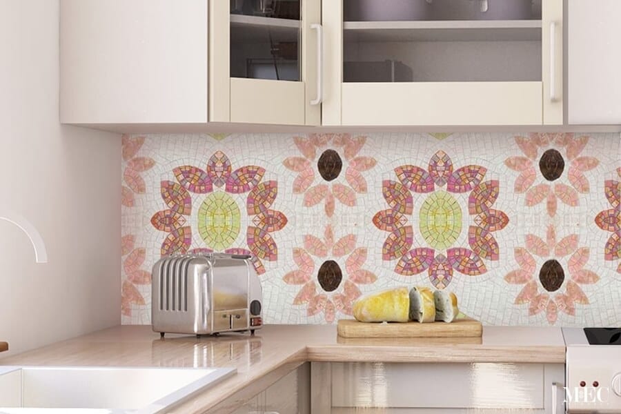 Decorative handcrafted mosaic tile backsplash art featuring large floral motifs