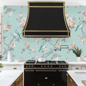 Decorative handcrafted mosaic tile backsplash art featuring wallpaper inspired flowering branches and birds