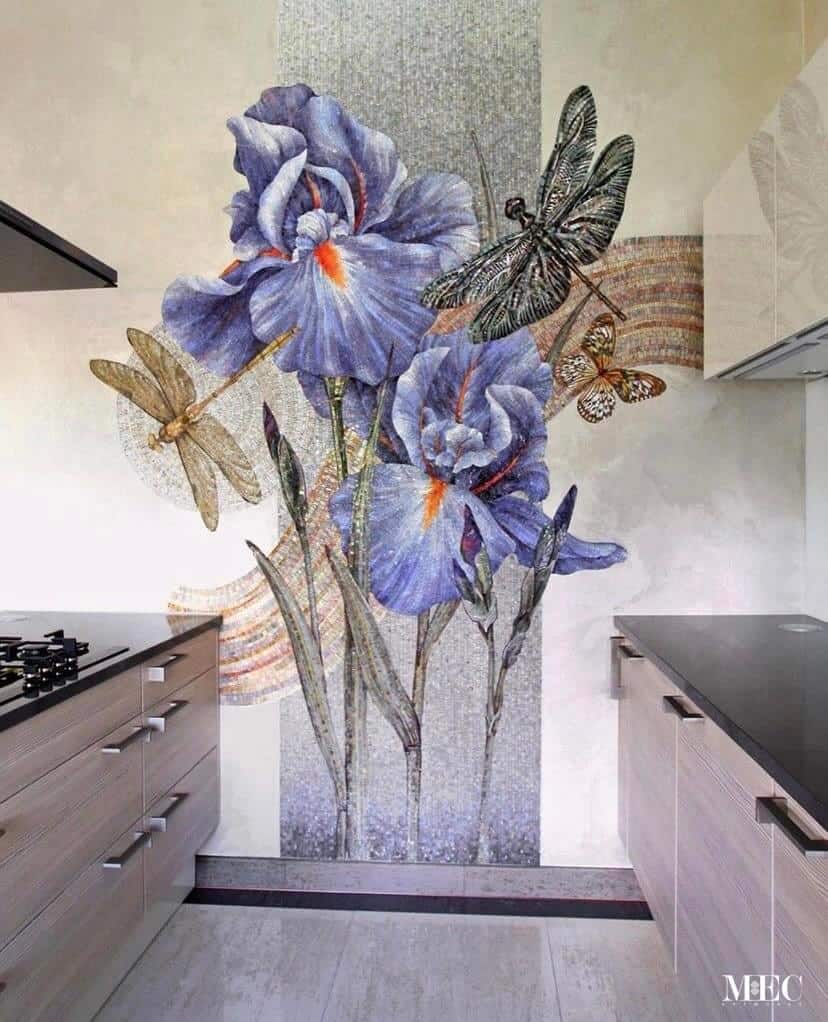 floral iris dragonfly butterfly kitchen wall backsplash mosaic.